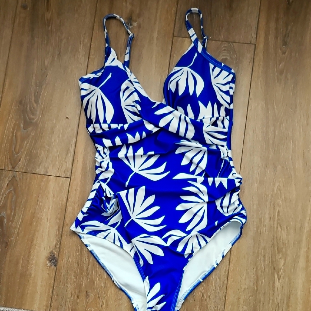 Blue and White One Piece Swimwear